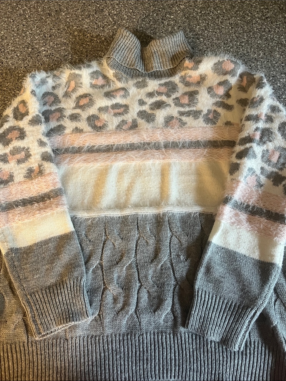 Absolutely Gray & Cream Sweater with Pink Leopard Stripe